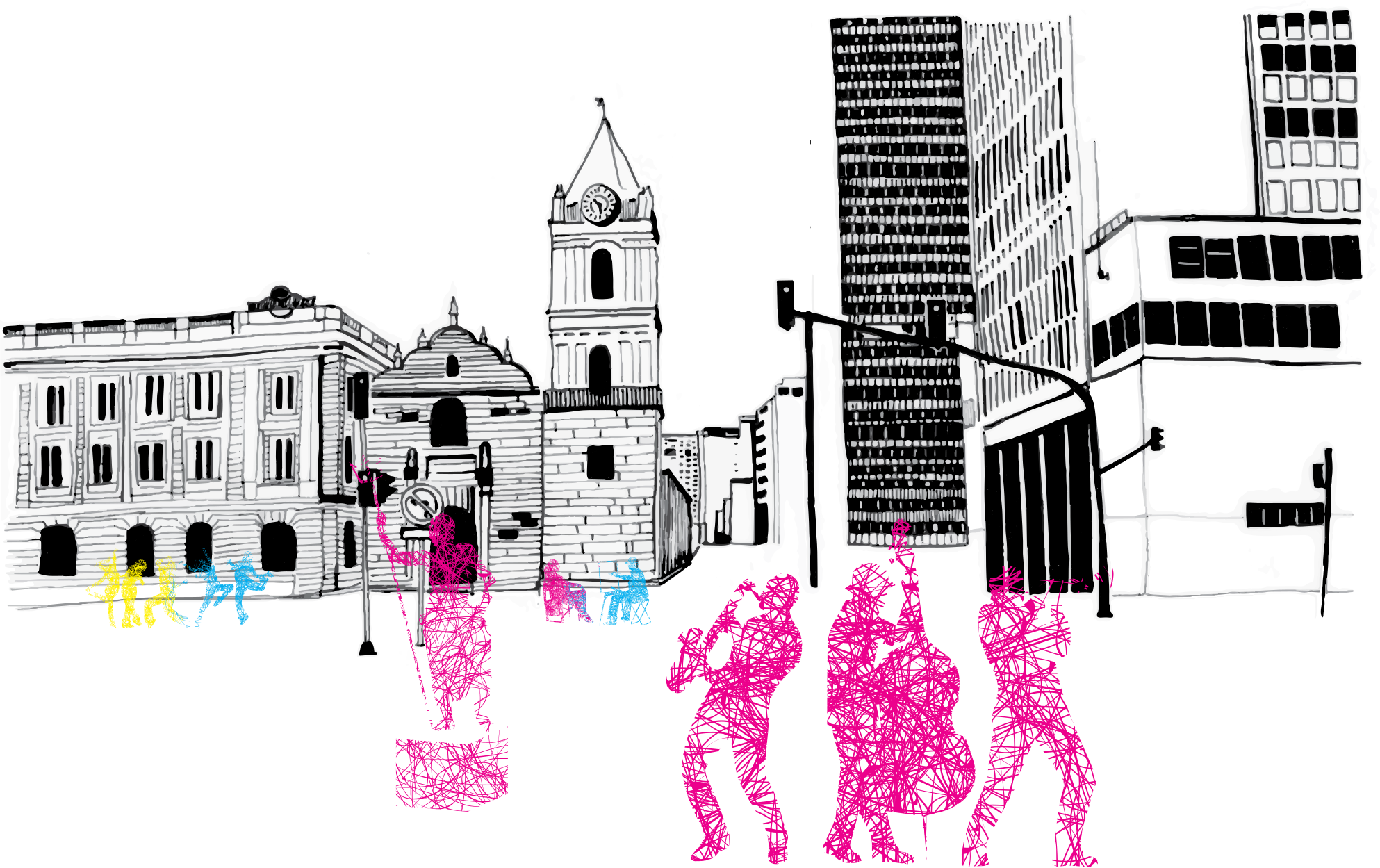 Ilustración de artistas en espacio público por la carrera Séptima en el centro de bogotá
